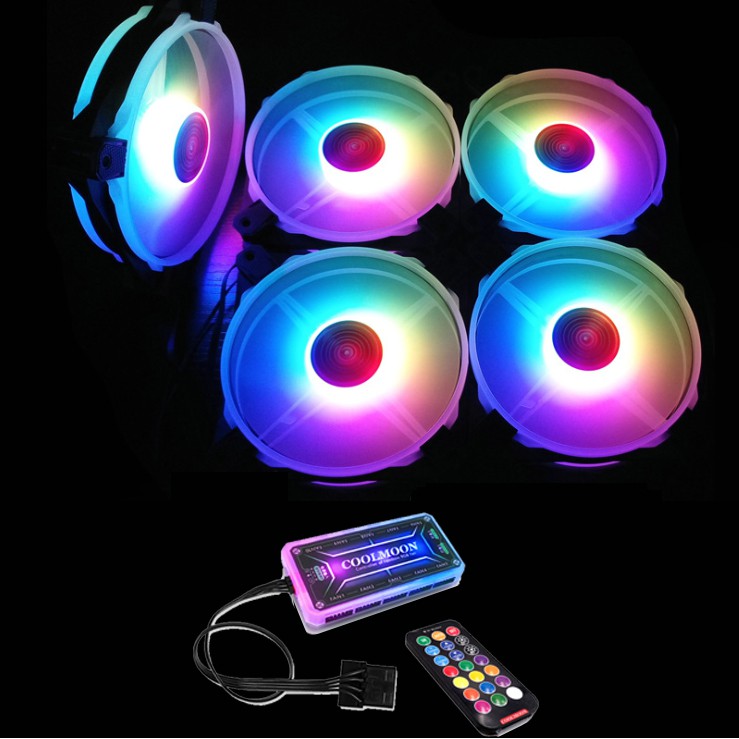 Bộ 5 Quạt Tản Nhiệt, Fan Case Coolmoon V5 Led RGB Rainbow 16 Triệu Màu, 366 Hiệu Ứng - Kèm Bộ Hub Và Remote