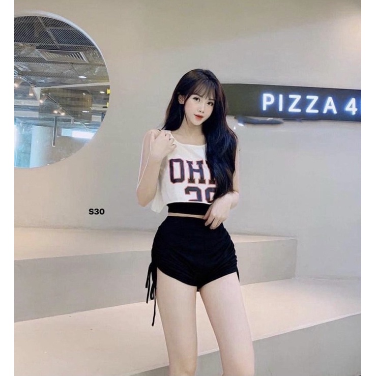 set bộ 3 món áo hai dây croptop , quần đùi rút dây , áo tank top tập thể thao , đi chơi năng động