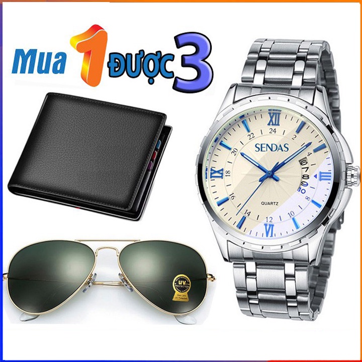 Đồng hồ sendas thời trang nam tặng ví da và kính mắt chống tia UV400