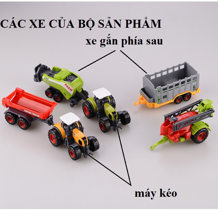 Bộ xe máy kéo nông trại đồ chơi cho trẻ em gồm 2 xe khác nhau và 4 thùng kéo phía sau