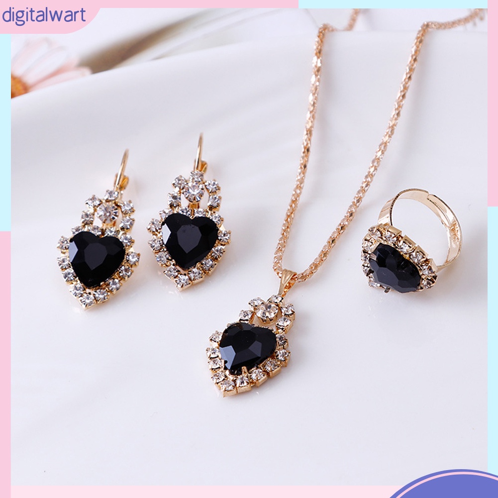 Bộ Vòng cổ + Bông Tai + Nhẫn Hình Trái Tim Đính Đá Lấp Lánh