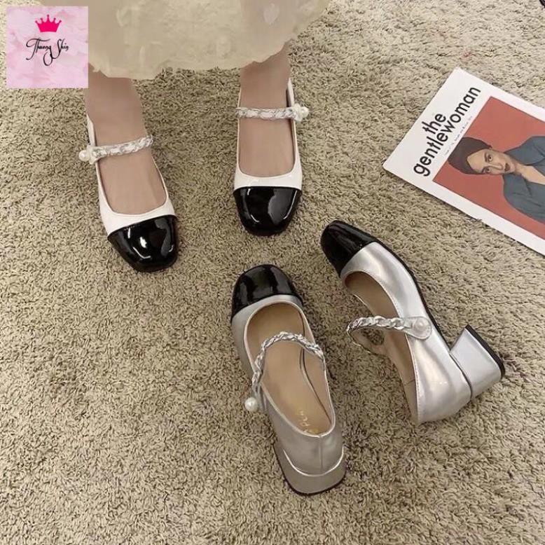 Giày búp bê da bóng ulzzang quai xích đính ngọc gót vuông cao 4cm