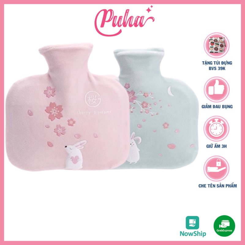 Túi chườm bụng kinh PUHA 500ml, túi chườm ấm nóng sưởi ấm giảm đau bụng kinh nguyệt cho nữ, Pink Cherry Green.