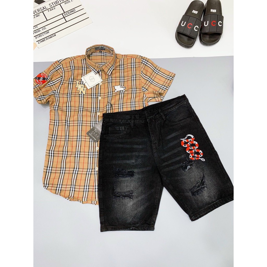 Quần short jean nam thêu rắn xanh độc lạ vải dày dặn co giãn bốn chiều cao cấp giá rẻ form regular 005
