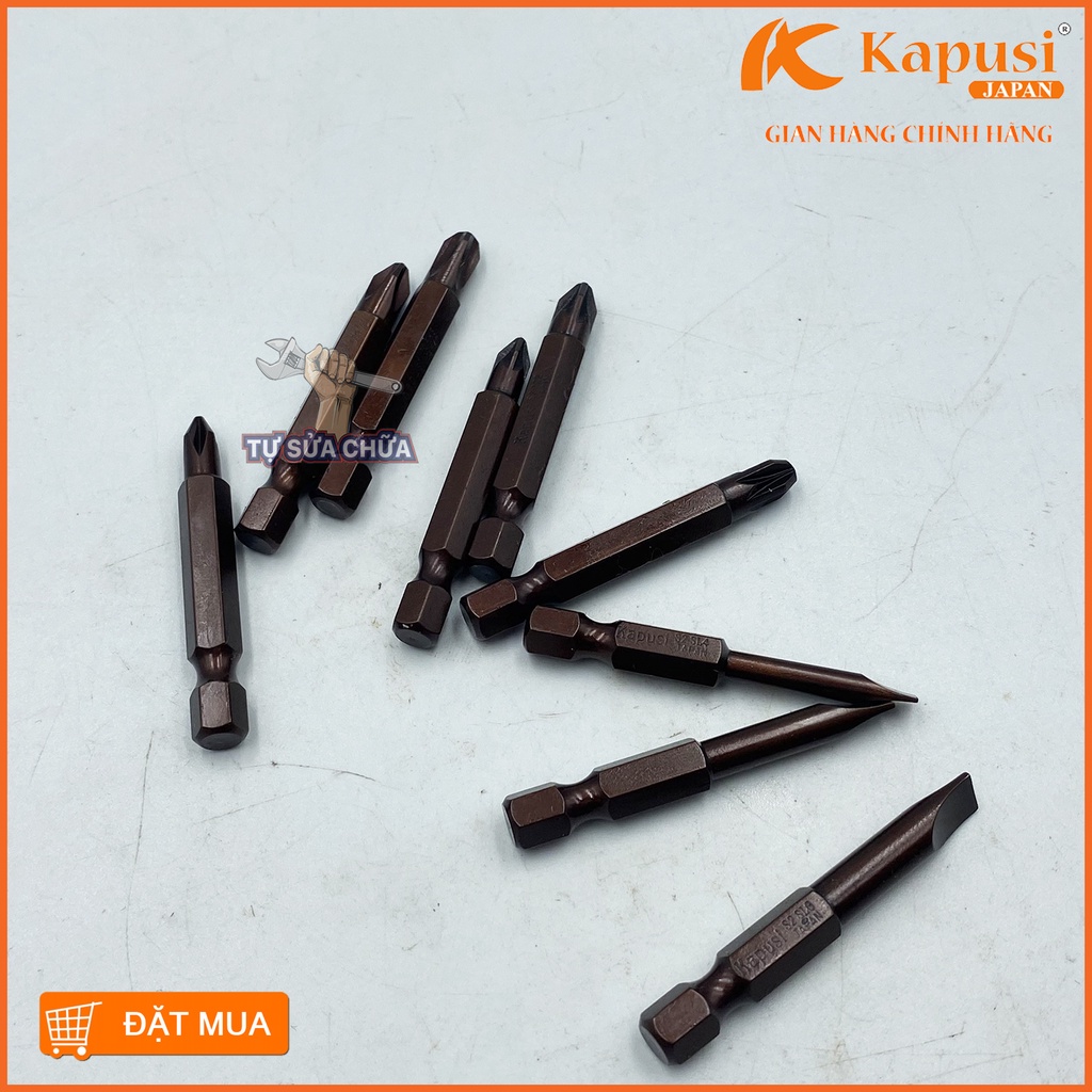 Bộ mũi vít cho máy khoan đầy đủ các loại mũi vít dẹt,bake, sao, đầu chụp chuôi lục giác thép S2 chính hãng Kapusi siêu b