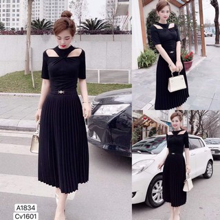 [VÁY ĐI TIỆC CAO CẤP] -  Áo cut out ngực xoắn tay dài kèm chân váy xếp ly đen (áo HẢI TÚ)
