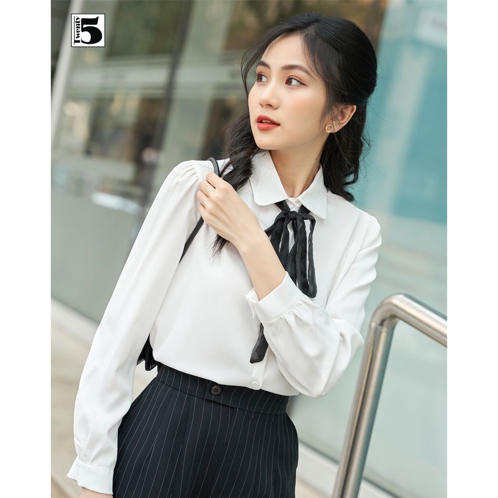 Áo sơ mi công sở nữ trắng basic tay dài cổ nơ voan rời Twentyfive NNA2