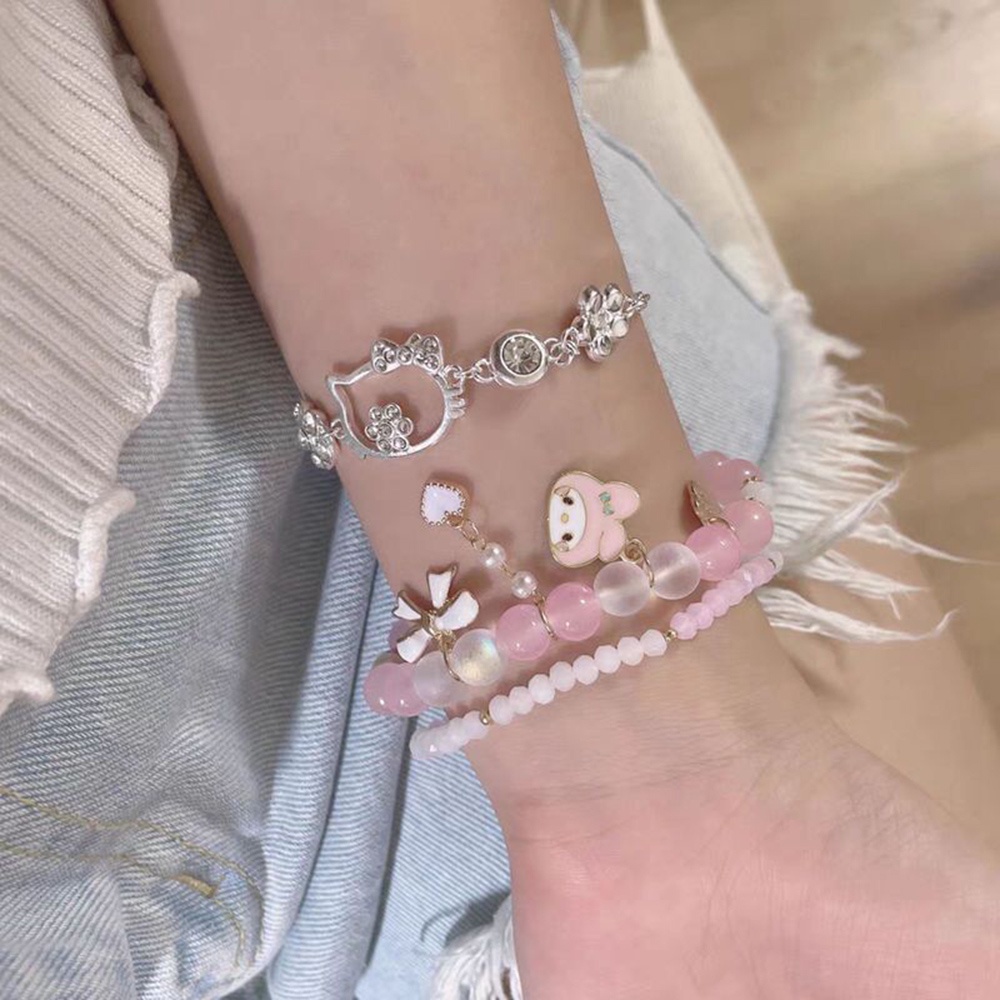 SANRIO Bộ 2 Vòng Tay Chuỗi Hạt Đính Mặt Hình Cinnamoroll Kuromi My Melody Dễ Thương