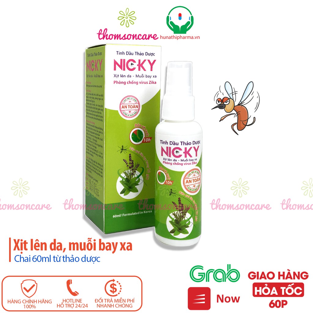 Xịt đuổi muỗi Nicky từ thảo dược, cho bé từ sơ sinh, chống muỗi đốt, làm dịu da chai 60ml từ sả chanh, bạc hà