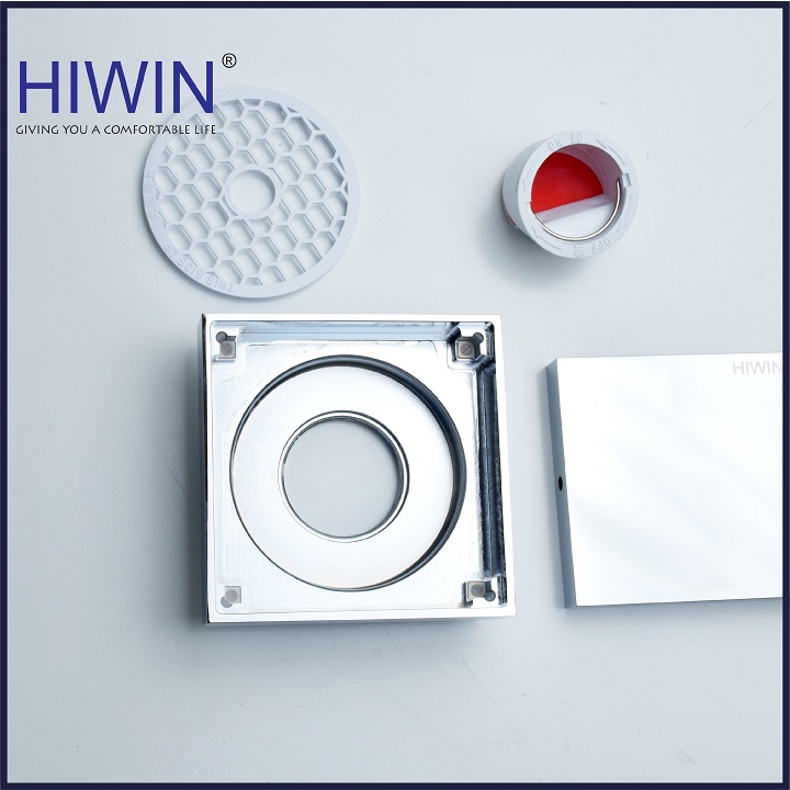 Phễu thoát sàn lát gạch chống mùi hôi chất liệu đồng mạ kích thước 100x100mm HIWIN FD-1901