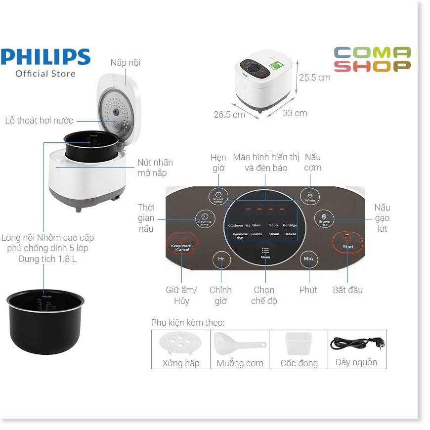 NỒI CƠM ĐIỆN TỬ PHILIPS HD4533/66 (1.8 LÍT) - HÀNG CHÍNH HÃNG BẢO HÀNH 24 THÁNG TOÀN QUỐC