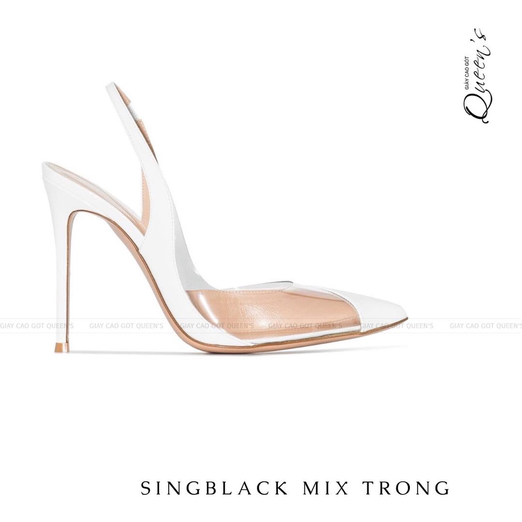 Giày Cao Gót Slingback Màu Trắng Phối Nhựa Trong Gót Nhọn Mũi Nhọn Da Bóng Cao Cấp Sang Trọng Hiện Đại Cao 9-11cm
