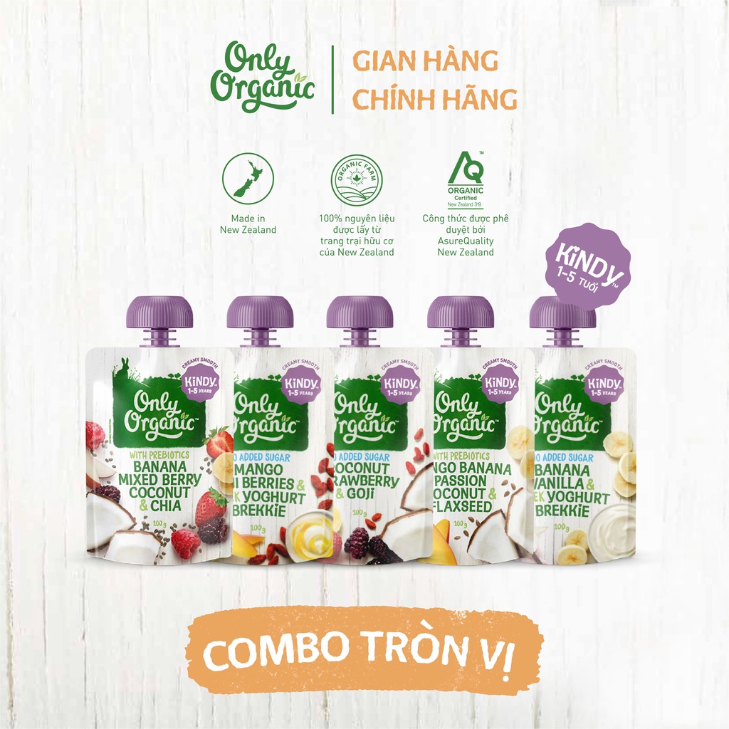 (1-5Y+) Combo &quot;Tròn Vị&quot; 5 vị váng sữa, hoa quả nghiền hữu cơ Only Organic