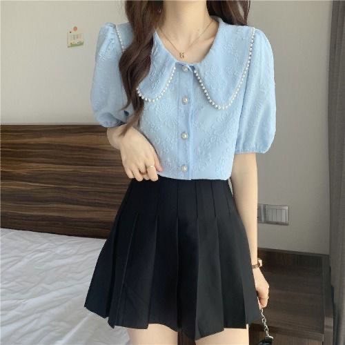 Sơ Mi Họa Tiết In Nổi Cổ Bèo Ngọc Xinh Xắn Hàng QC Đẹp
