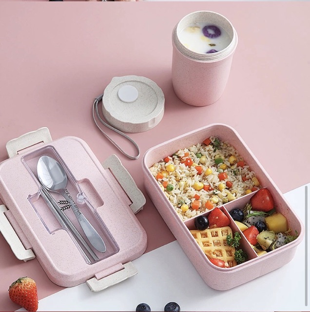 FREESHIP ĐƠN 50K_Hộp cơm văn phòng lúa mạch 3 ngăn kèm đũa thìa inox cao cấp 1000ml | BigBuy360 - bigbuy360.vn