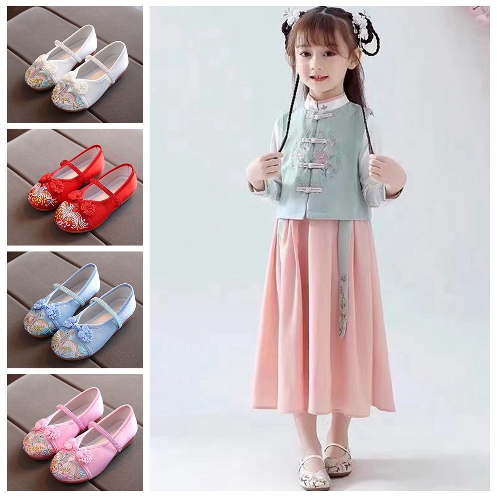 Giày búp bê đế bằng thêu họa tiết xinh xắn phong cách Trung Hoa cho bé gái