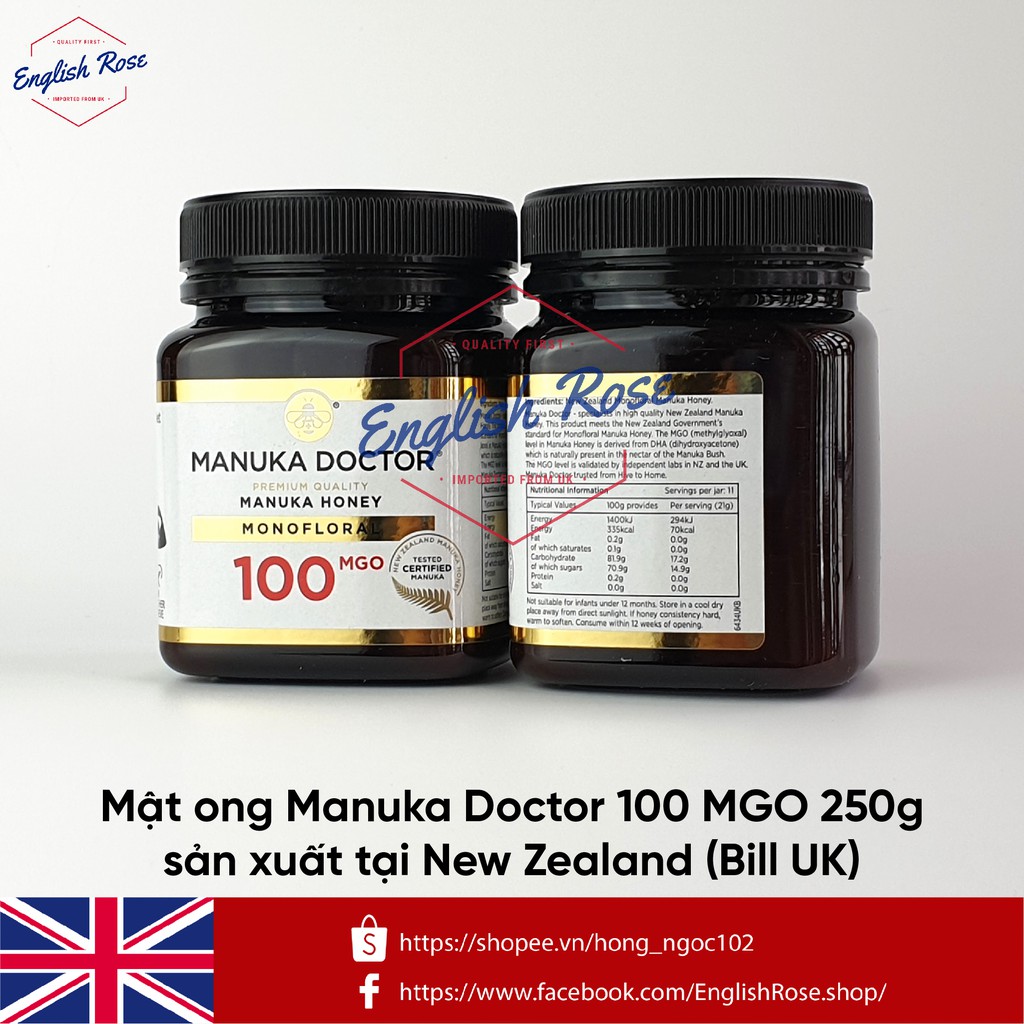 Mật ong Manuka Doctor 100 MGO 250g sản xuất tại New Zealand (Bill UK)