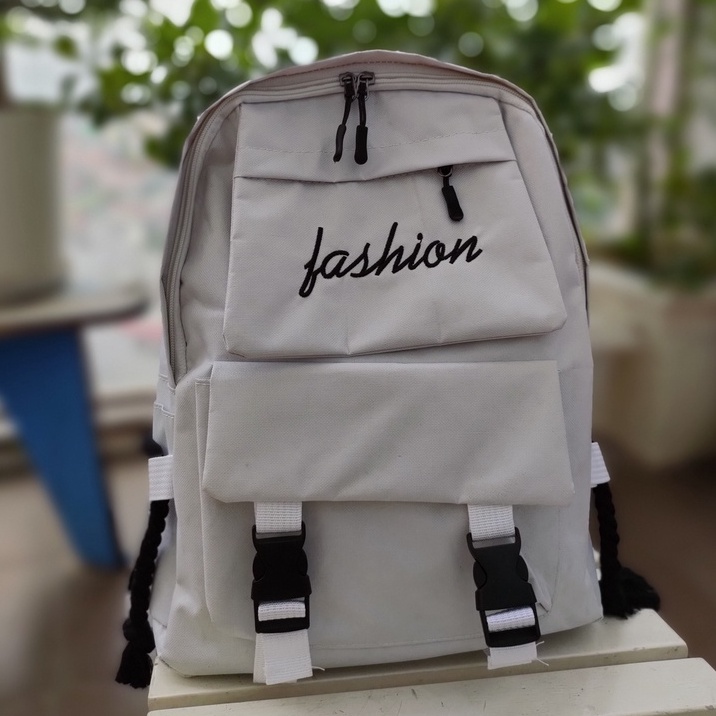 [THANH LÝ] Balo thời trang, balo đi học nữ giá rẻ có khóa nhựa vải canvas thêu chữ FASHION ảnh shop chụp