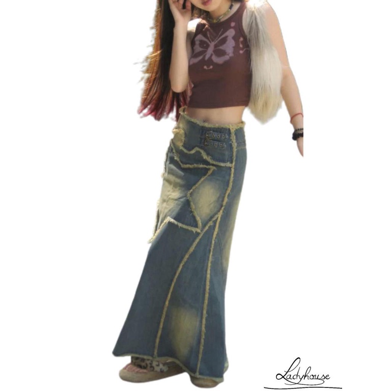 Ldd-đầm Denim Lửng Ghép Nối Ngôi Sao Phong Cách Vintage Xuân Hè Đi Tiệc Câu Lạc Bộ Đêm Cho Nữ