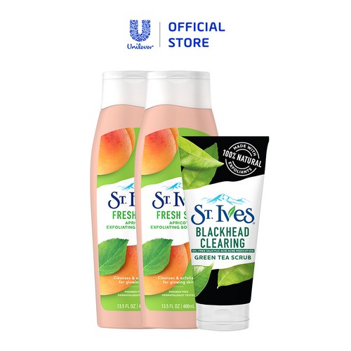 Bộ sữa tắm St.Ives Chiết Xuất Trái Mơ (400ml x 2) + Sữa rửa mặt St.Ives Trà Xanh 170g