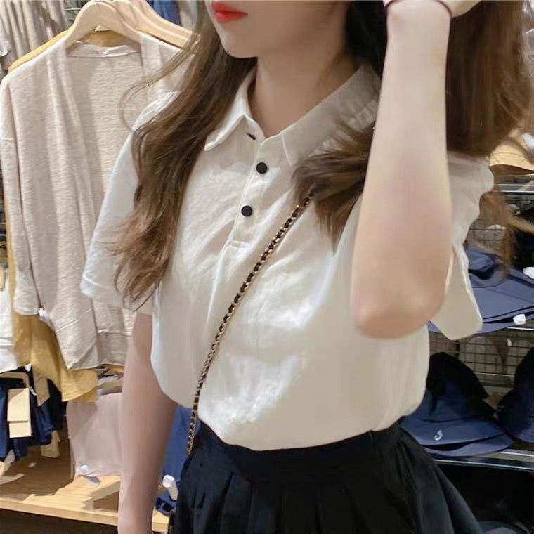 Áo Sơ Mi Trắng Tay Ngắn Cổ Bẻ Phong Cách Hàn Quốc Thời Trang Mùa Xuân Cho Nữ 2022