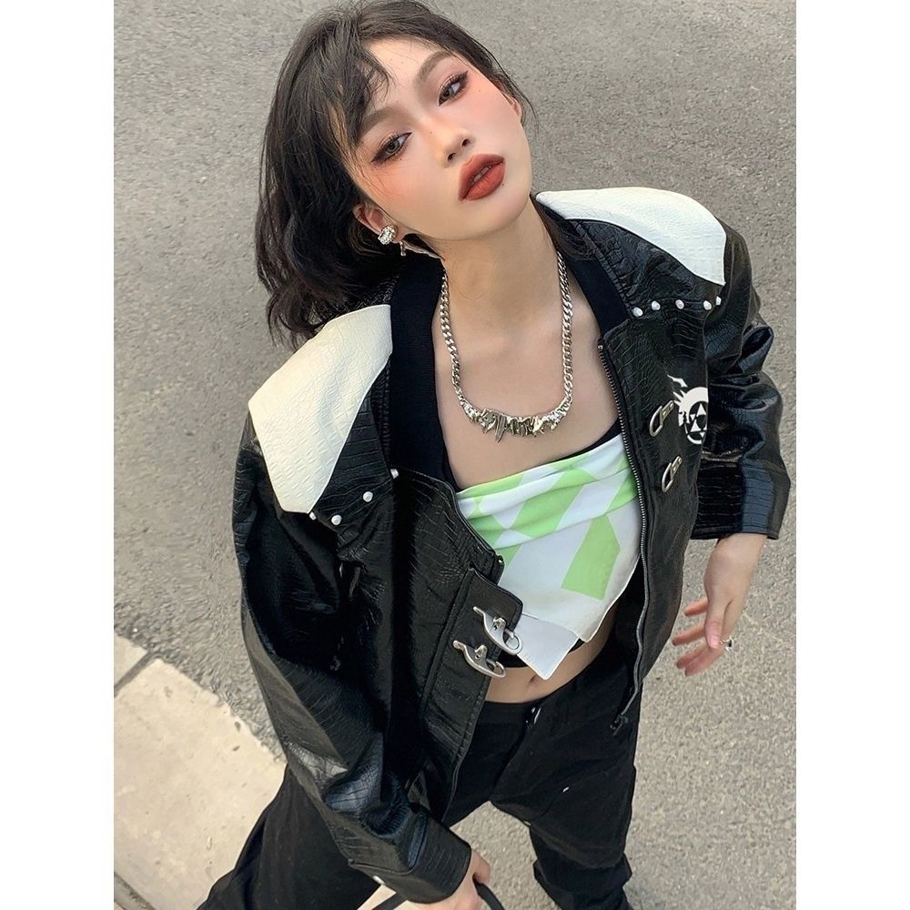 Áo Khoác Da Dáng Ngắn Phối Màu Tương Phản Thời Trang Đường Phố Cá Tính Cho Nữ