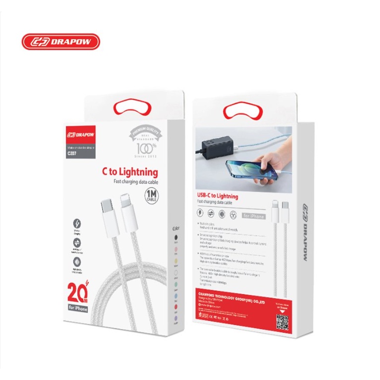 Dây cáp sạc nhanh PD Type C to L iP chính hãng DRAPOW dành cho điện thoại iP xs xsmax 11 12 13 14 promax