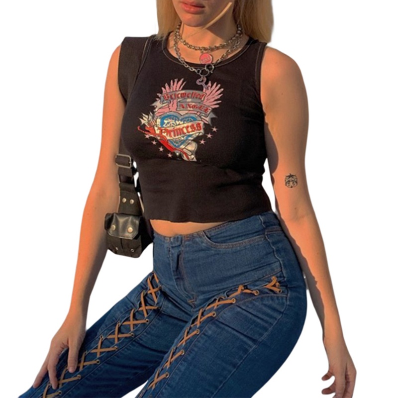 Áo Croptop Hai Dây Mỏng Sát Nách In Họa Tiết Truyện Tranh Trái Tim Kiểu Harajuku Thời Trang Mùa Hè Cho Nữ