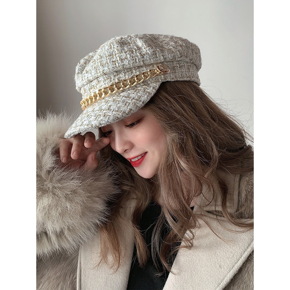 Nón Beret Phối Dây Xích Phong Cách Hàn Quốc Thời Trang Thu Đông Dễ Phối Đồ Cho Nữ