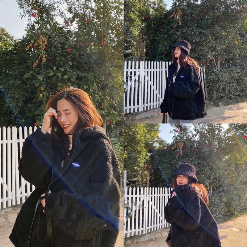 Áo khoác hoodie lông có mũ dài tay bồng nữ màu đen logo màu xanh