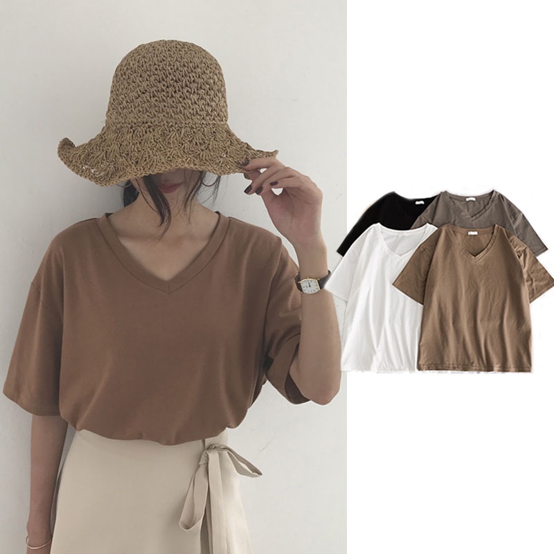 Áo Thun Tay Ngắn Thiết Kế Cổ Chữ V Màu Sắc Thanh Lịch