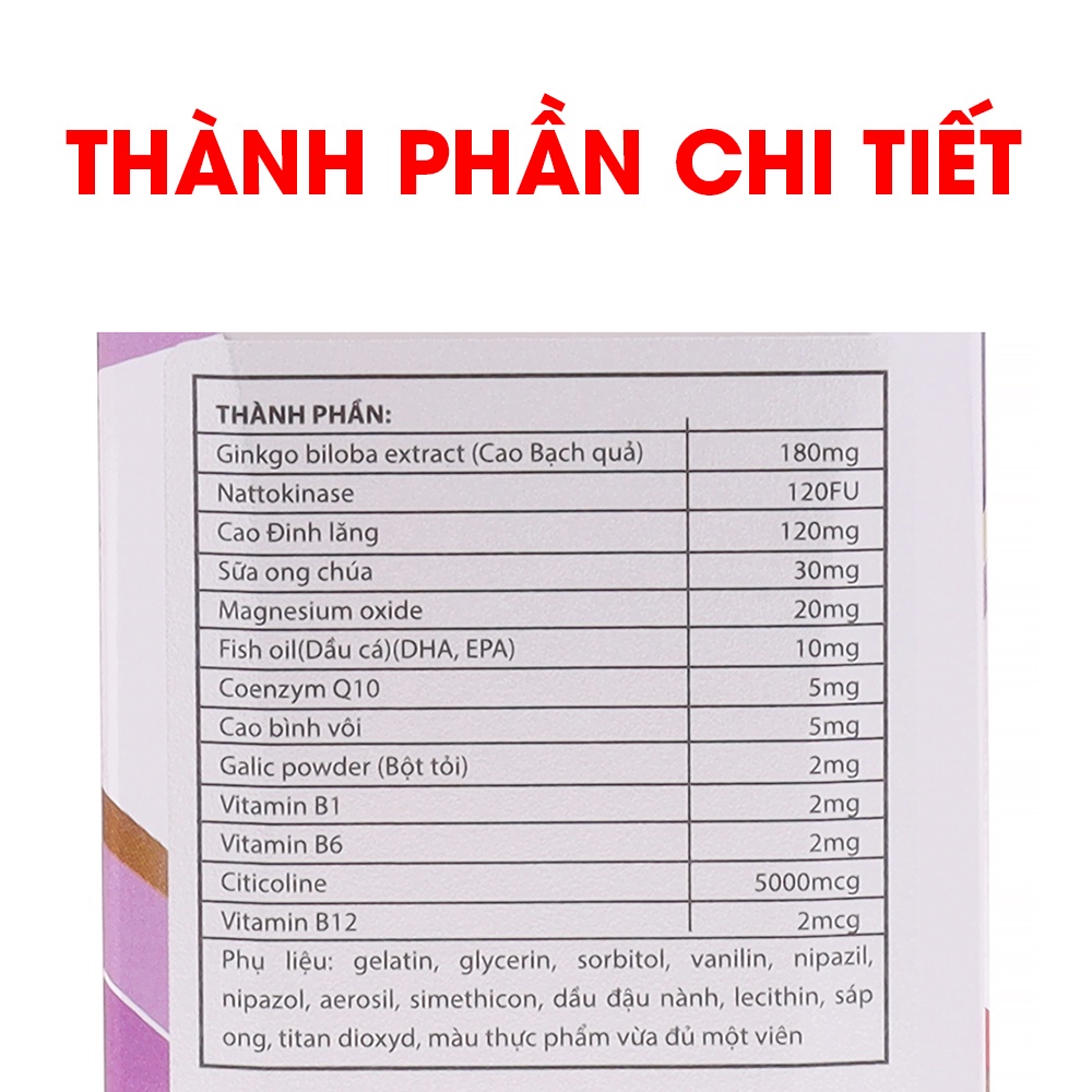 Hoạt huyết dưỡng não BRAIN CARE Ginkgo Biloba, nattokinase - 100 viên [BRAIN CARE VITA GOLD Tím]