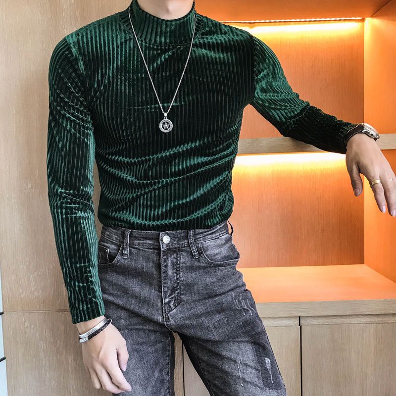 Áo Thun Tay Dài Cổ Lọ Vải Nhung Giữ Ấm 6 Kiểu Họa Tiết Kẻ Sọc Size M-5Xl Thời Trang Mùa Xuân Cho Nam