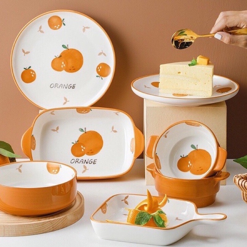 SẴN Bộ bát đĩa sứ hoạ tiết quả cam cao cấp sứ trắng bóng đẹp