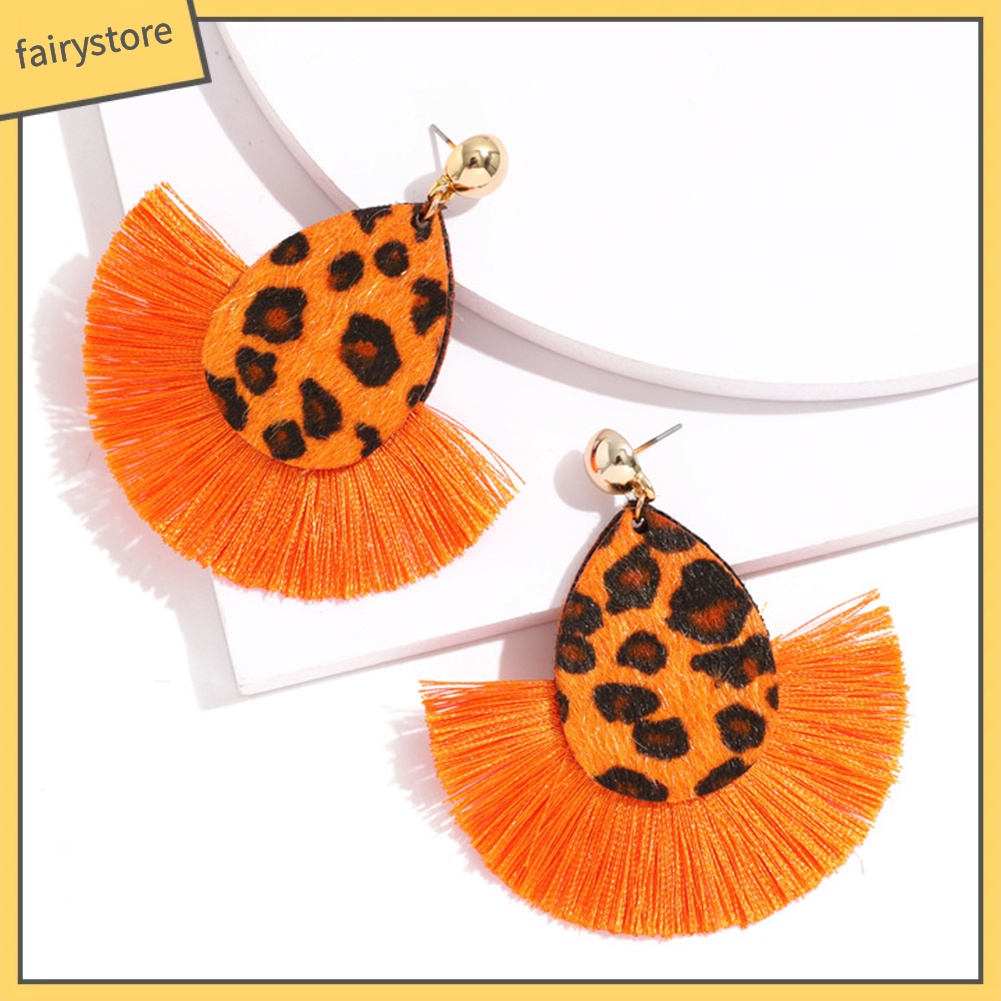 Hoa Tai Dáng Dài Phối Tua Rua Họa Tiết Da Báo Cá Tính