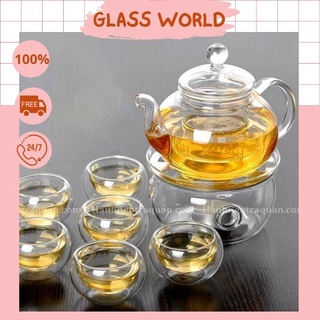 Bộ ấm trà thủy tinh với chén 2 lớp cao cấp 💰💥Sale khủng cho bộ ấm với 1 ấm; 6 chén; 6 đĩa; 1 bếp; 1 khay 1 hộp nến💥💥