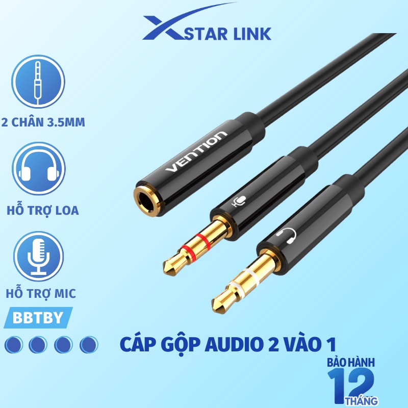 Cáp gộp tai nghe 2 vào 1 Jack 3.5mm loa và mic- Dây audio 2 dương 1 âm gộp âm thanh tai nghe máy tính Pc, Laptop Vention