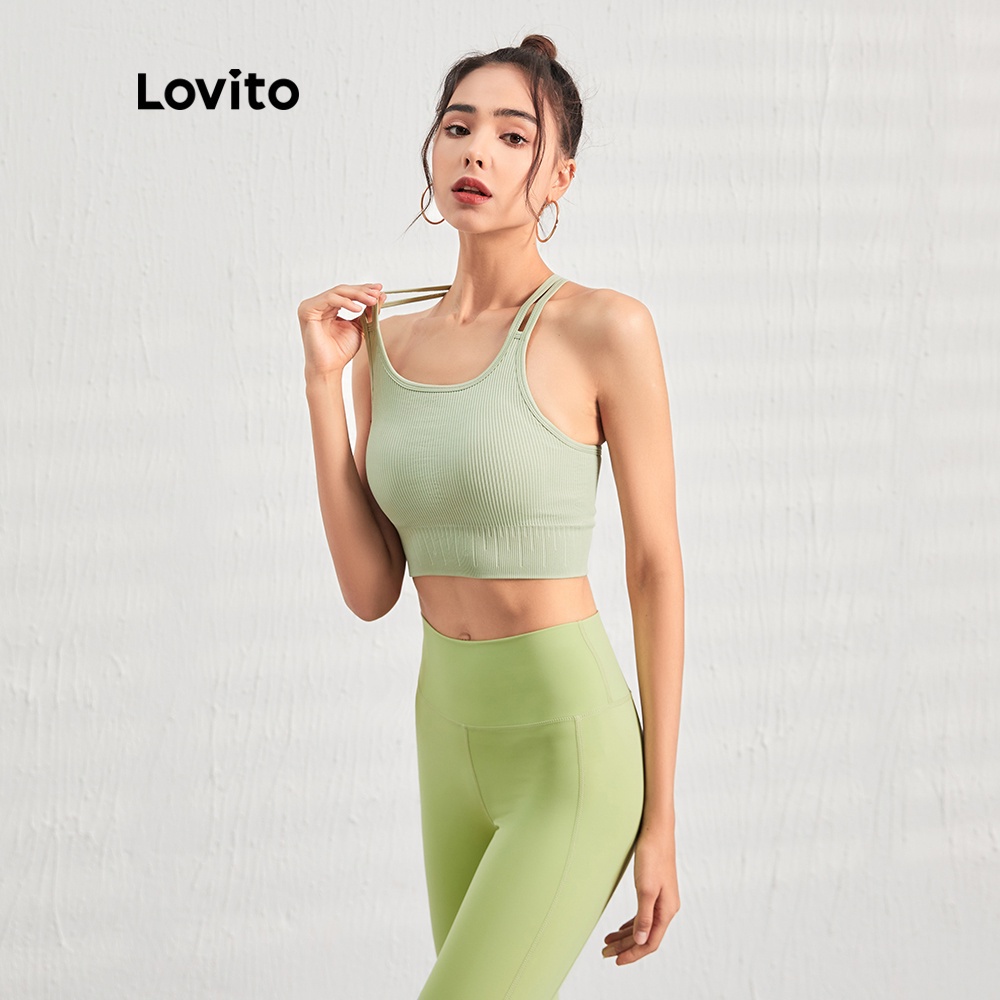Áo ngực thể thao Lovito lưng dây đan chéo L07043 (đen/xanh lá)