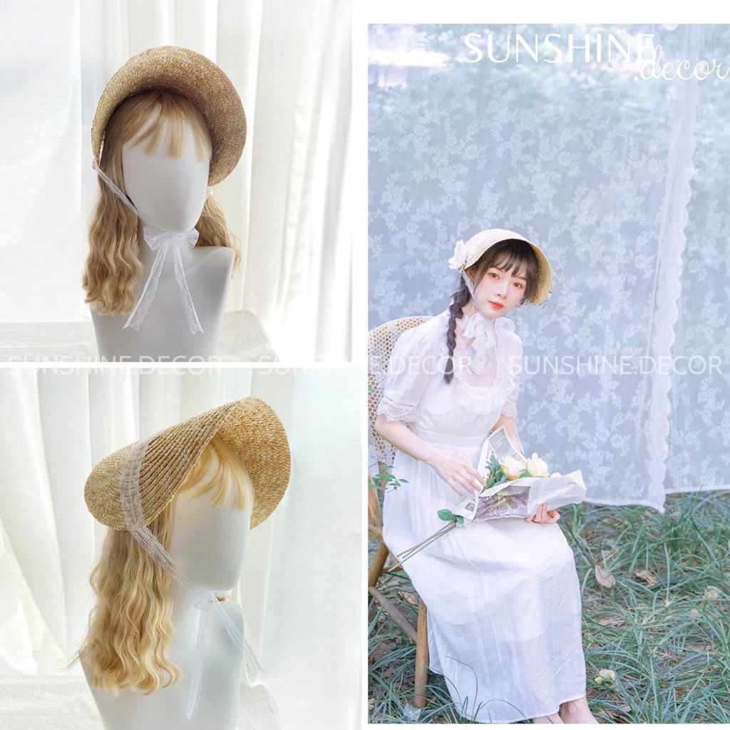 Mũ cói mũ rơm phong cách Lolita xinh xắn phụ kiện chụp ảnh du lịch, mũ đi biển dây ren