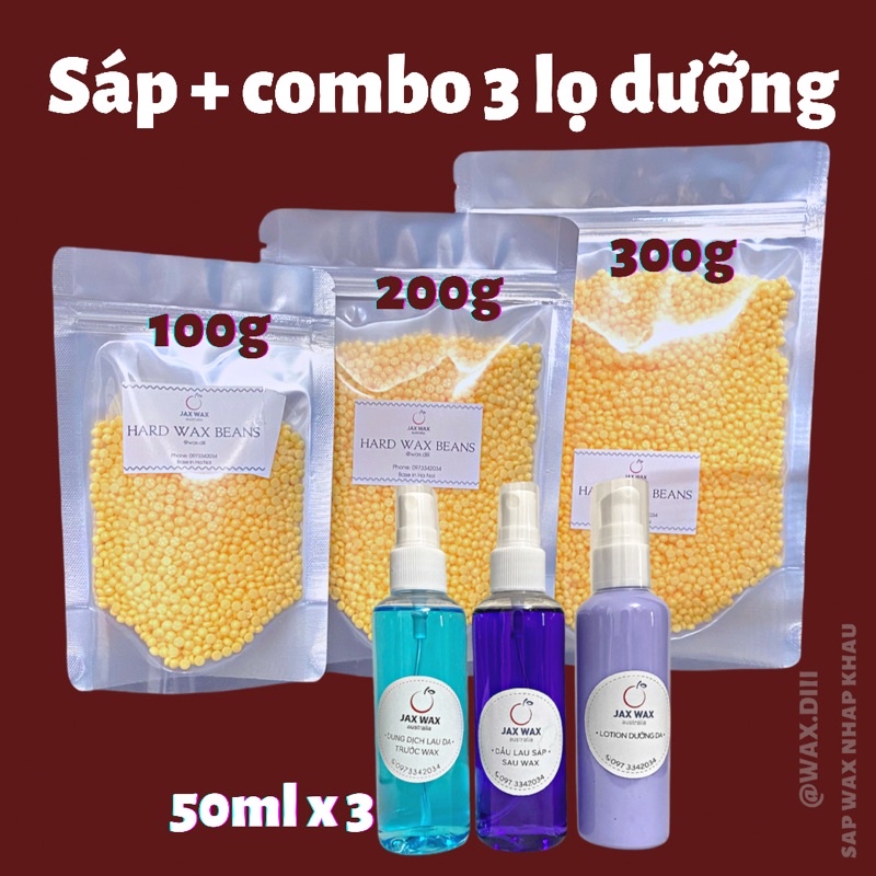 (CHƯA KÈM NỒI) Combo sáp wax Úc + lotion sau wax +Dung dich làm sạch da trước wax + dầu lau sáp thừa