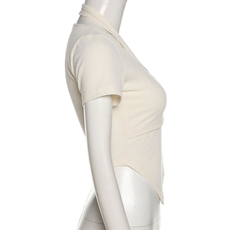 Brroa Set 2 Áo Croptop Dệt Kim Tay Ngắn Phối Dây Xích Kim Loại Hình Tam Giác Viền Gân Kim Loại Màu Trơn Cho Nữ