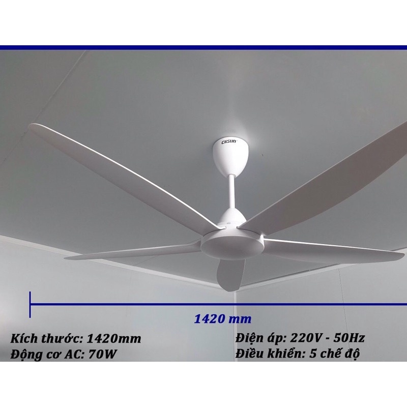 Quạt trần Clisun 5 cánh trắng điều khiển, sải cánh dài 142cm giúp lưu lượng gió mạnh hơn