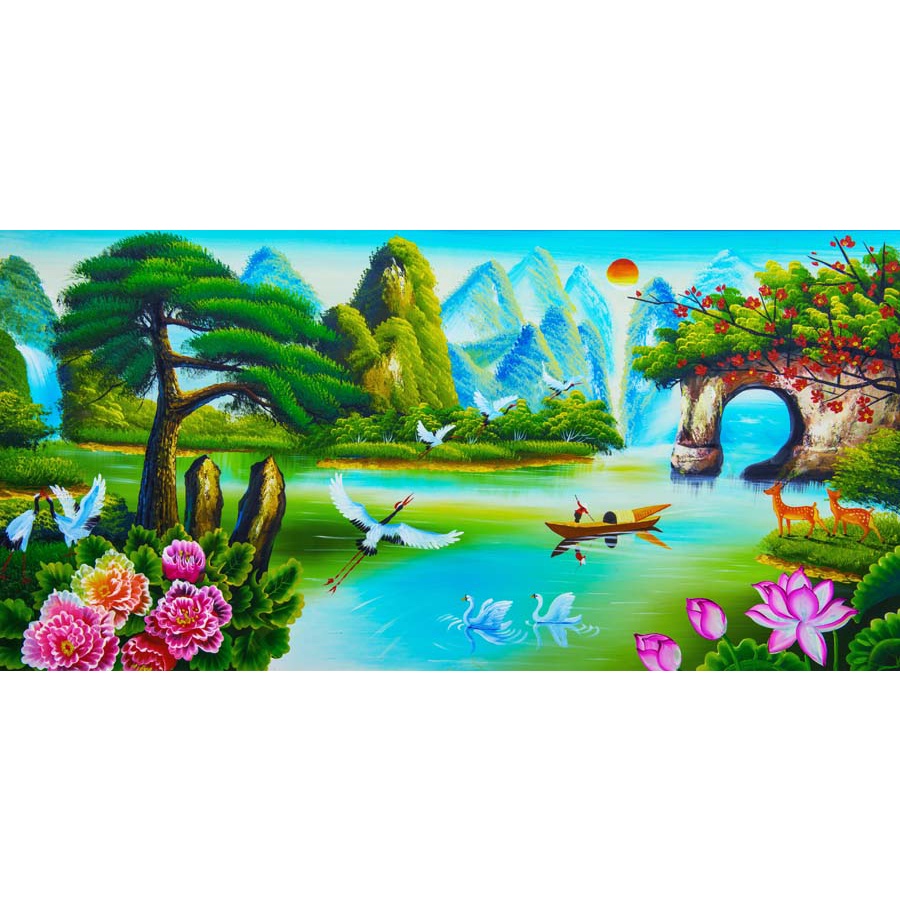 Tranh Dán Tường 3D Đồng Quê Non Xanh Nước Biếc, đồng lúc chín vàng, ao sen nở rộ, cây đa dầu làng, dòng sông xanh mát