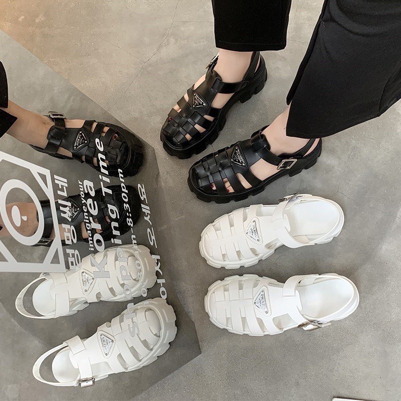 Sandal dép quai hậu Prada mũi rọ, đế độn 5cm