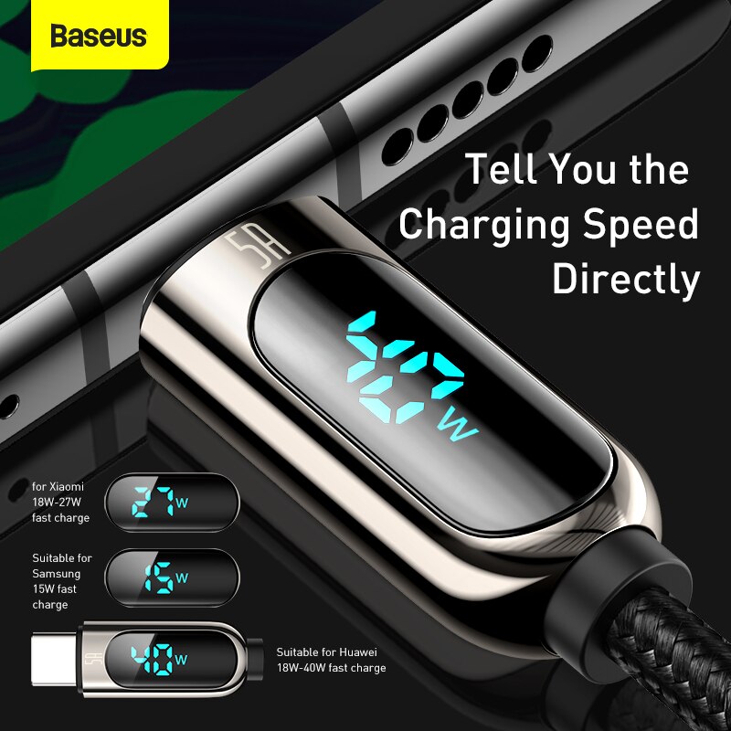 Cáp sạc Baseus cổng USB Type-C 5A có màn hình LED dành cho Xiaomi Huawei Samsung