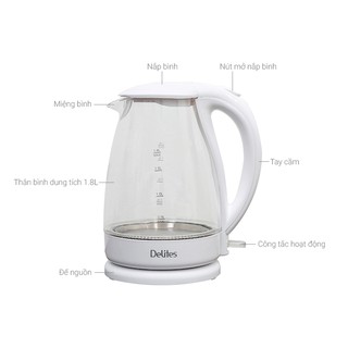 Bình siêu tốc Delites ST18G02 1.8 lít thủy tinh có đèn led sáng đẹp (Mới 100%)