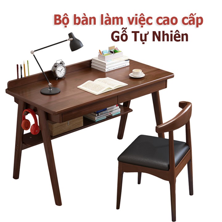 Bàn làm việc gỗ tự nhiên cao cấp , bộ  ghế bàn máy tính laptop tại nhà có kệ để sách bên dưới
