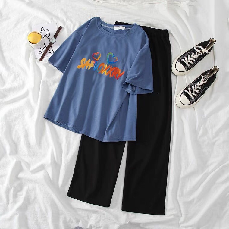 Sét Áo phông chữ màu+quần suông trơn, Áo thun from rộng, Chất đẹp không xù, quần suông ống rộng, Sét bộ mặc ở nhà - MODY
