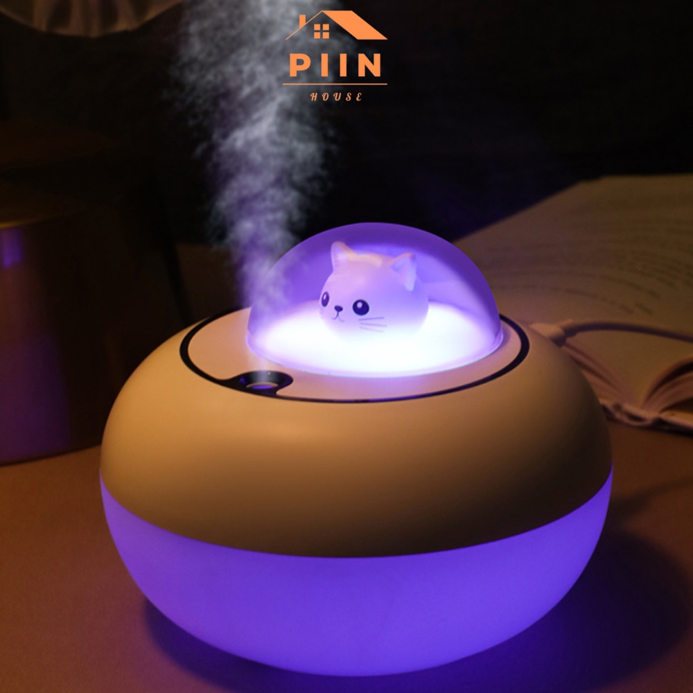 Máy phun sương tạo độ ẩm mini 320ml kèm đèn ngủ hình mèo nhỏ dễ thương - PIIN HOUSE