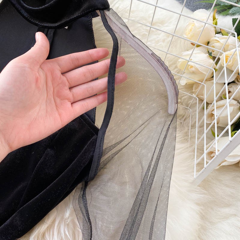 Đầm Nhung Dự Tiệc Hở Ngực Phối Tay Hàng Thiết Kế Tôn Dáng Sang Trọng | BigBuy360 - bigbuy360.vn